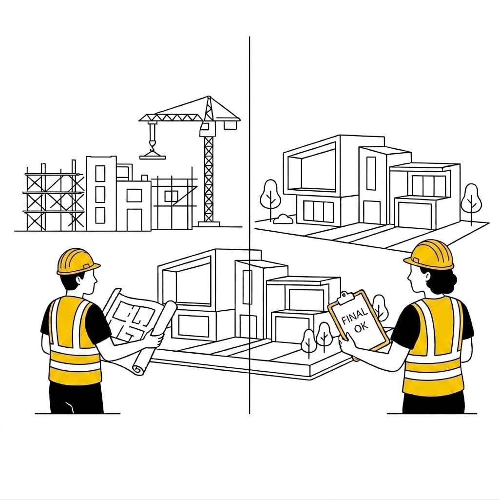 Illustration avant/après la réception des travaux, avec plans et validation finale