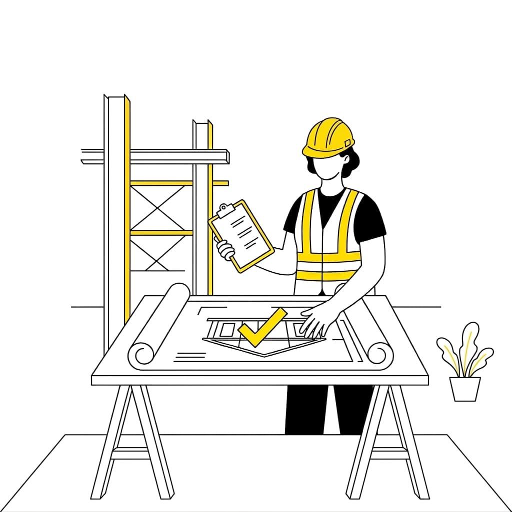 Illustration d'un ouvrier vérifiant les plans sur un chantier