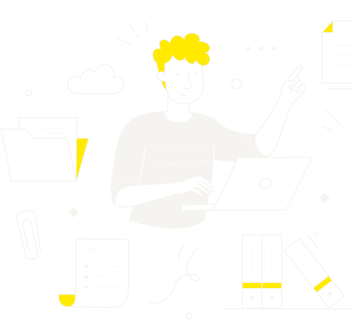 Illustration au trait : un collaborateur travaille sur son ordinateur, entouré de dossiers et de classeurs